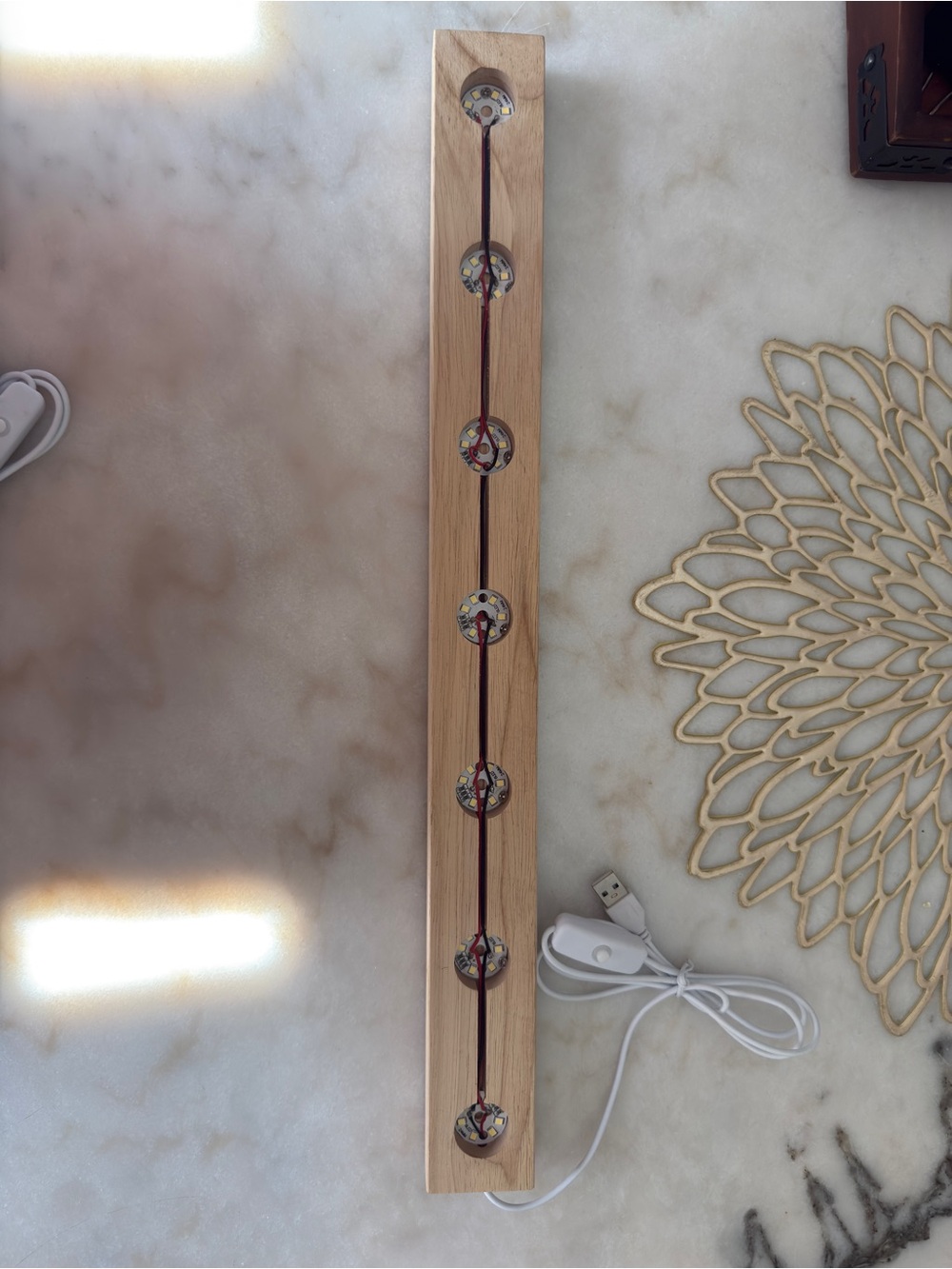 Handcrafted Wooden LED  light bar with a USB power cord